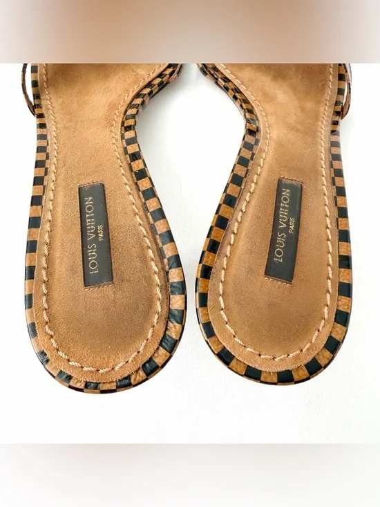 LOUIS VUITTON | Damier Check Kitten Heel Mule Sandals Gold LV Charm EU 38.5 Y2K - Picture 9 of 15